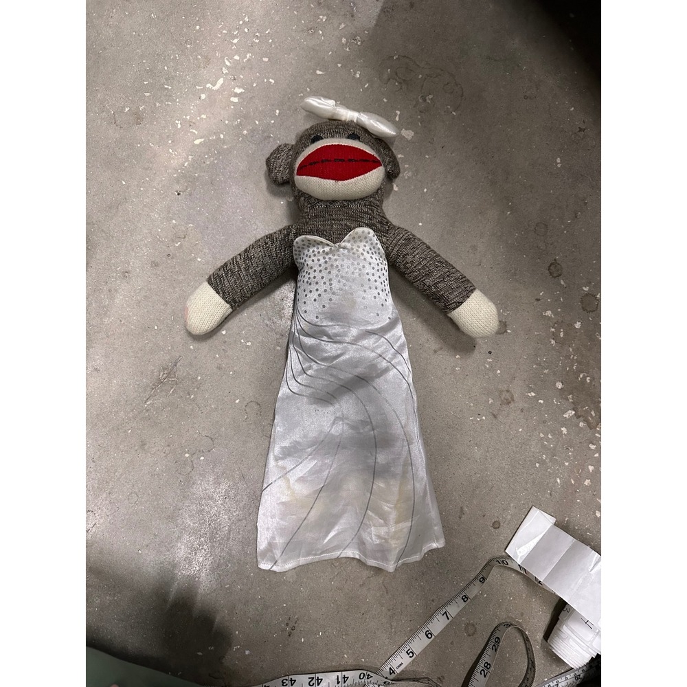 Vintage Style Sock Monkey Bride Plush Doll White Wedding Dress 20 Inch A3878